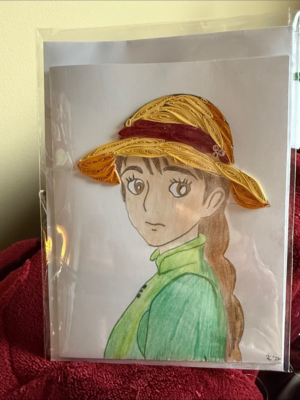 Handmade Quilling & Colored Pencil Portrait with Yellow Hat